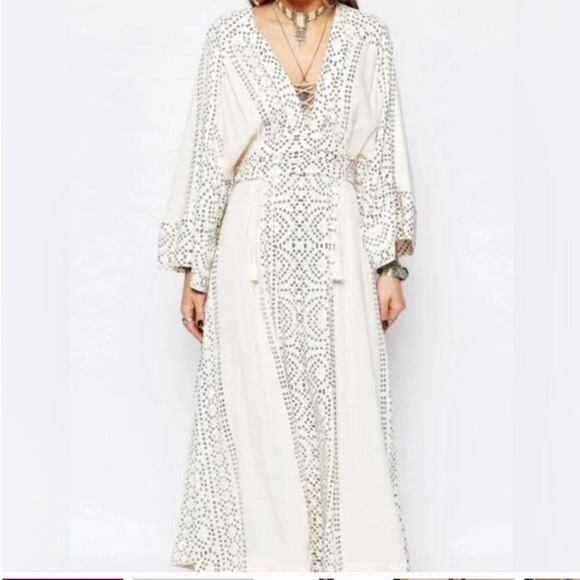 Free People Dresses & Skirts - Free People White Boho‎ Lace Up Maxi Modern Kimono Dress Size 0